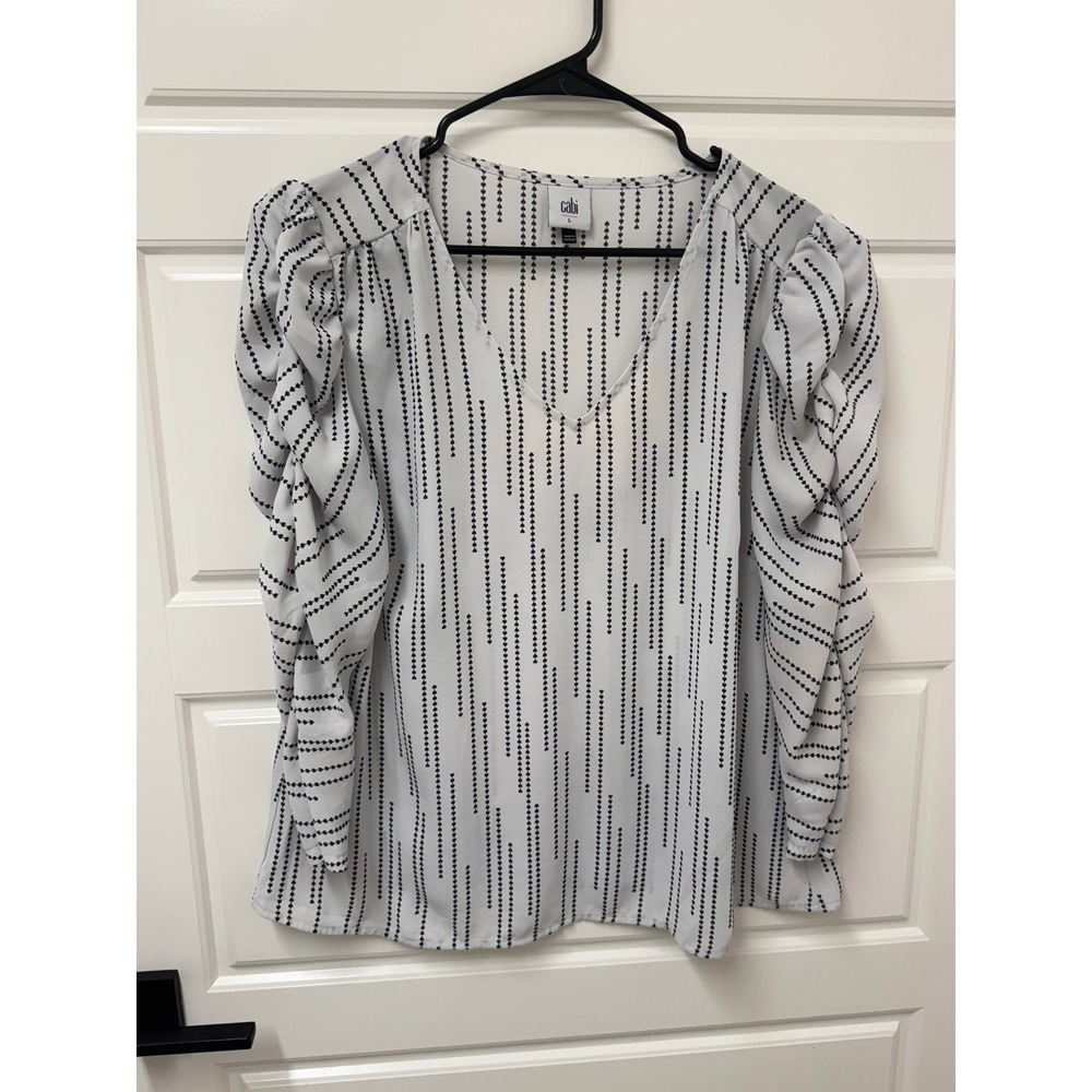Cabi Heart String Blouse 3958 White Black Ruched Sleeve V-Neck Top Large